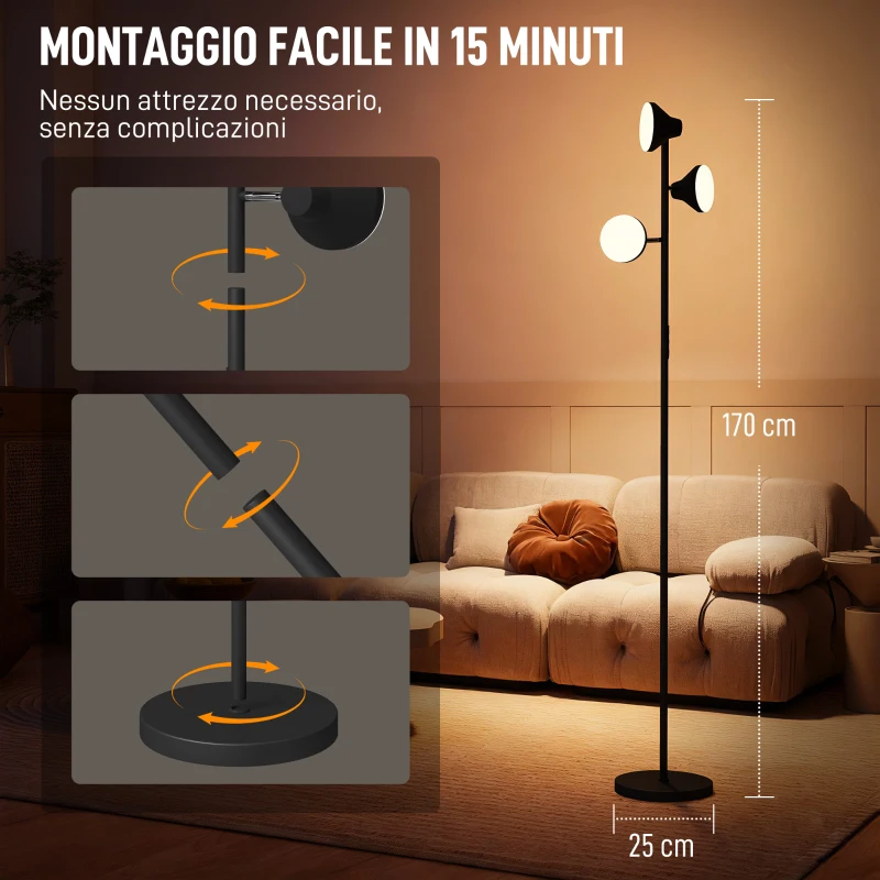 HOMCOM Lampada da Terra con 3 Teste Regolabili Indipendenti, Telecomando e Timer, in Acciaio e Plastica, Ø25x170 cm, Nero
