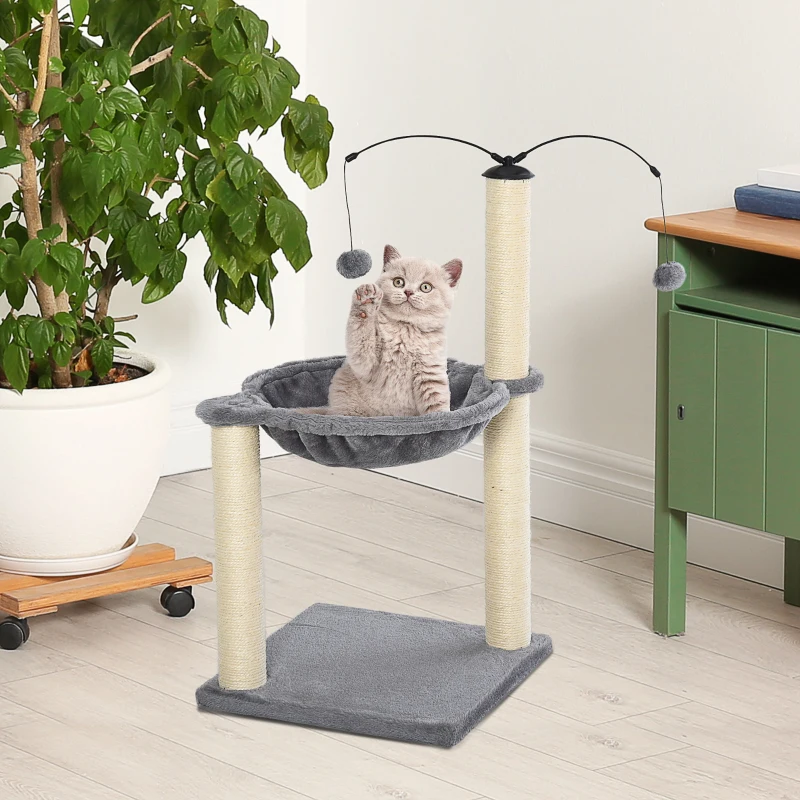 PawHut 83cm Cat Tree Tower for Indoor Cats with Sisal Scratching Post Hammock Cat Play House Dangling Ball Kitten Activity Center Furniture Grey