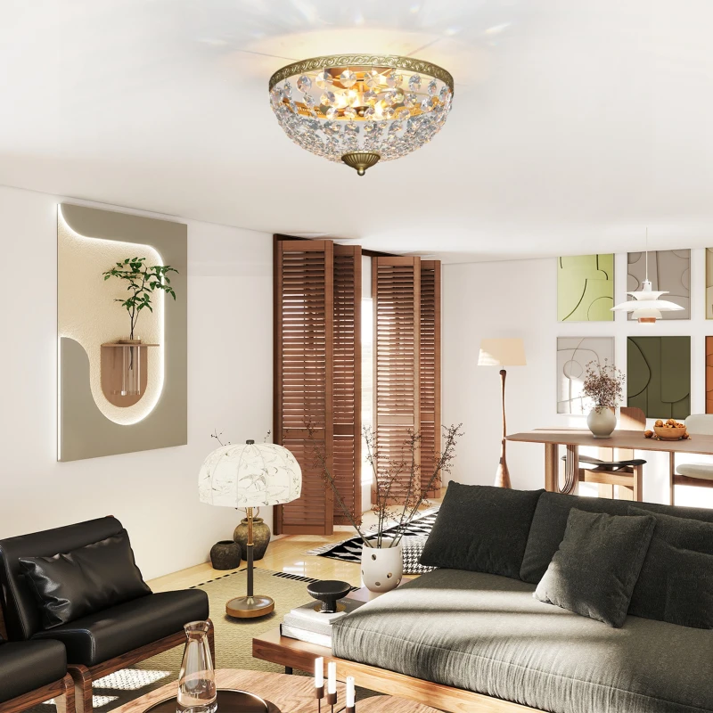 HOMCOM Crystal Chandelier Ceiling Light with 168 Octagonal Beads, Vintage 2-Light Flush Mount Ceiling Light for Living Room, Bedroom, Hallway, Dining Room, Gold Tone