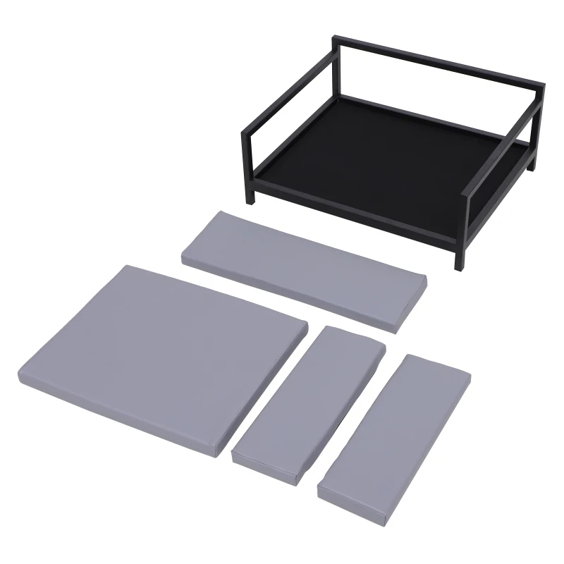 PawHut Deluxe PU Pet Sofa Couch Soft Dog Puppy Cat Sleep Bed Metal Frame Grey 64L x 52W x 27.5H cm