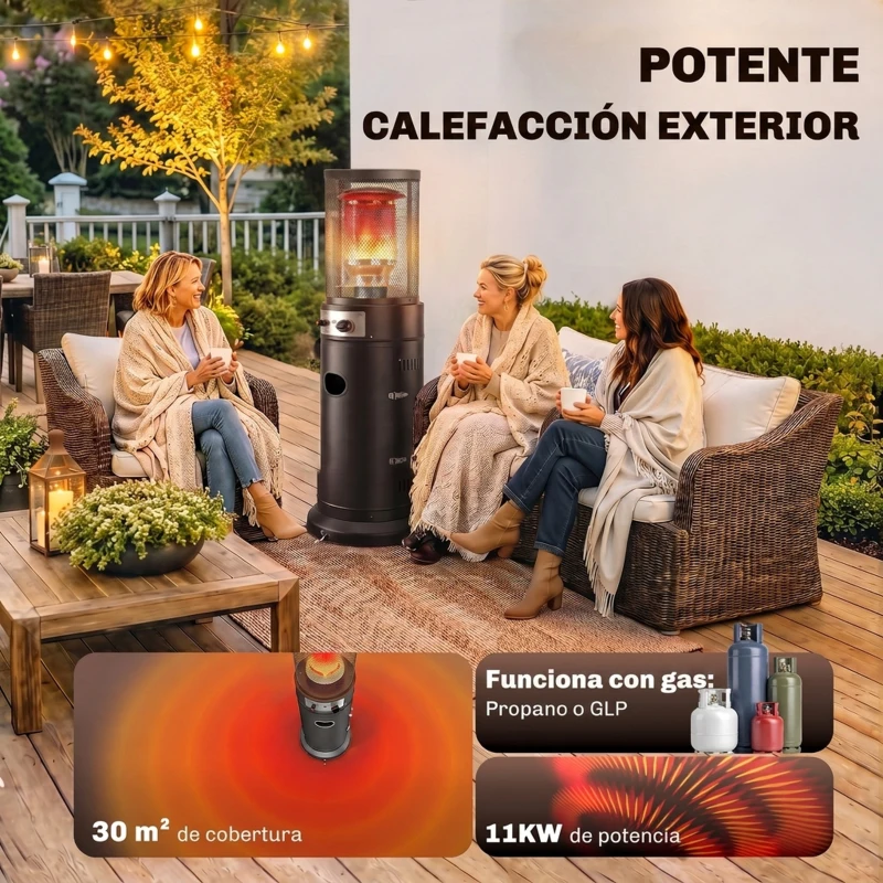 Outsunny Estufa de Gas para Terraza 11 kW con Regulación Continua Rejilla Protectora Antivuelco y 2 Ruedas Negro