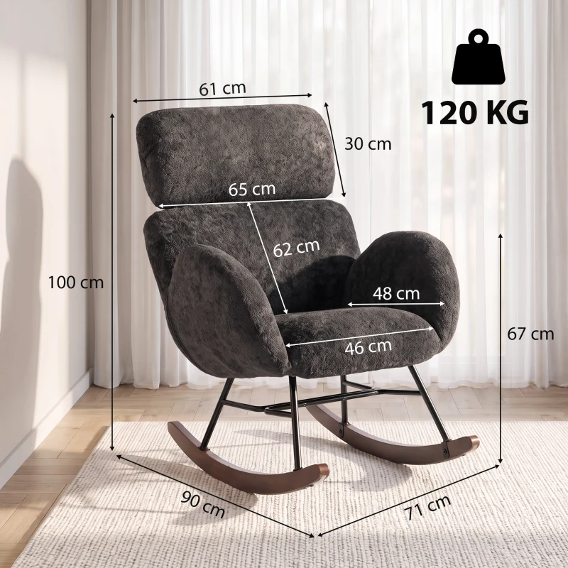 HOMCOM Upholstered Rocking Chair Adjustable Headrest Rocker Chair Raindrop Velvet Rubberwood Base Dark Grey