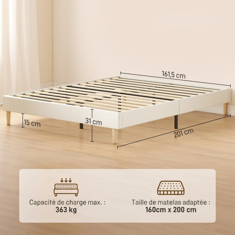 HOMCOM Estrutura de Cama 160 x 200 cm com Estrado, Cama de Casal Estofada em Veludo Cotelê, Espaço de Armazenamento por Baixo, Creme