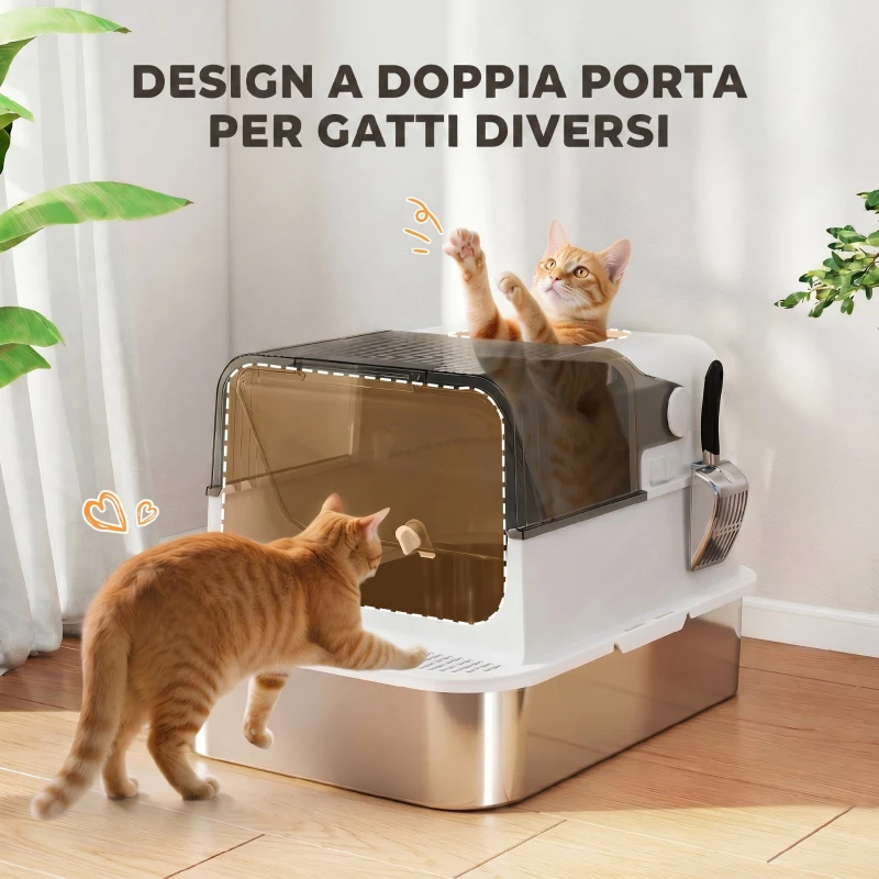 PawHut Lettiera Gatto Chiusa in Acciaio Inox 52L con Coperchio Ribaltabile, Doppia Porta, Paletta, Bianco