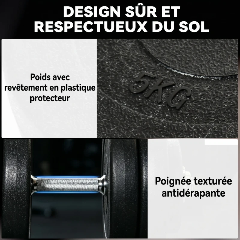HOMCOM Set 12 Manubri Palestra da 50kg (8x5kg, 4x1.5kg), in Acciaio e Plastica PE, Nero