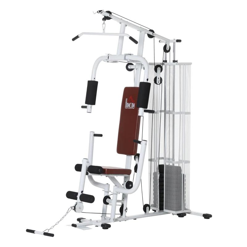 HOMCOM Gym Krachtstation Fitnessstation Multigym Fitnesscentrum Fitnessapparatuur incl. gewichten Latzug Beincurl Metaal PU-kunstleer Wit 150 x 110 x 210 cm
