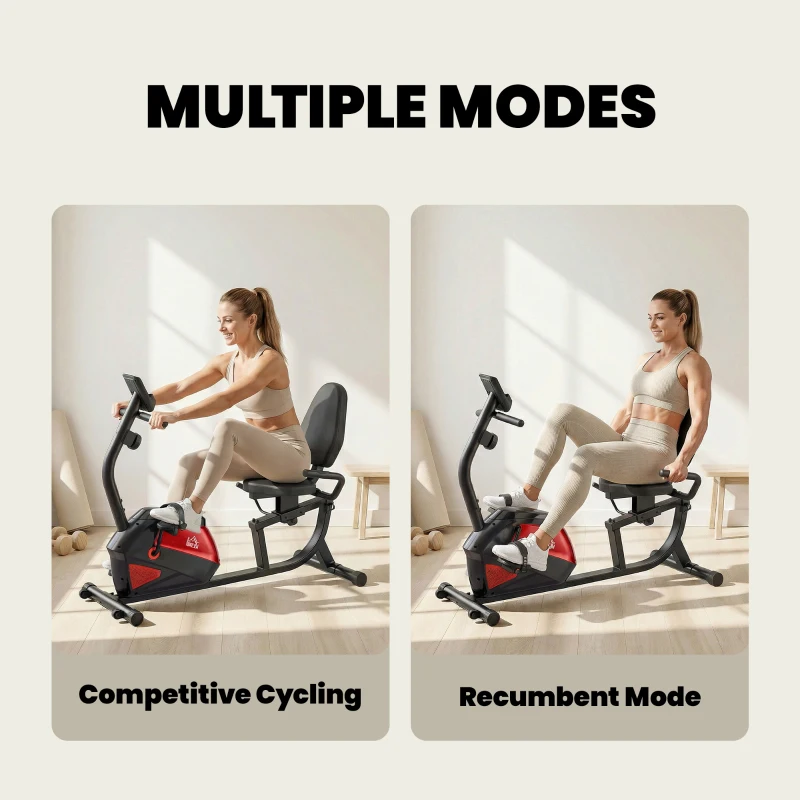 HOMCOM Bicicleta Estática com Encosto 8 Níveis de Resistência Magnética Volante Assento Ajustável Monitor LCD Pulsómetro Suporte de Telemóvel e Rodas Vermelho