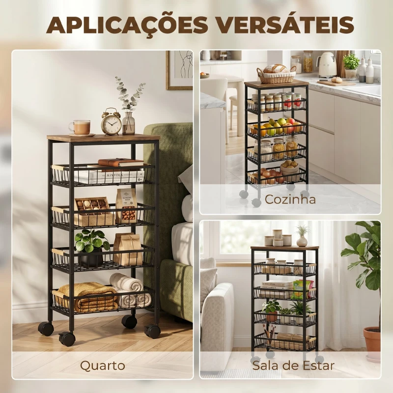 HOMCOM Carrinho Auxiliar com Rodas, 4 Cestos Amovíveis, 15 kg, Estrutura Metálica, para Sala de Jantar, 40x24x81,5 cm, Castanho Rústico