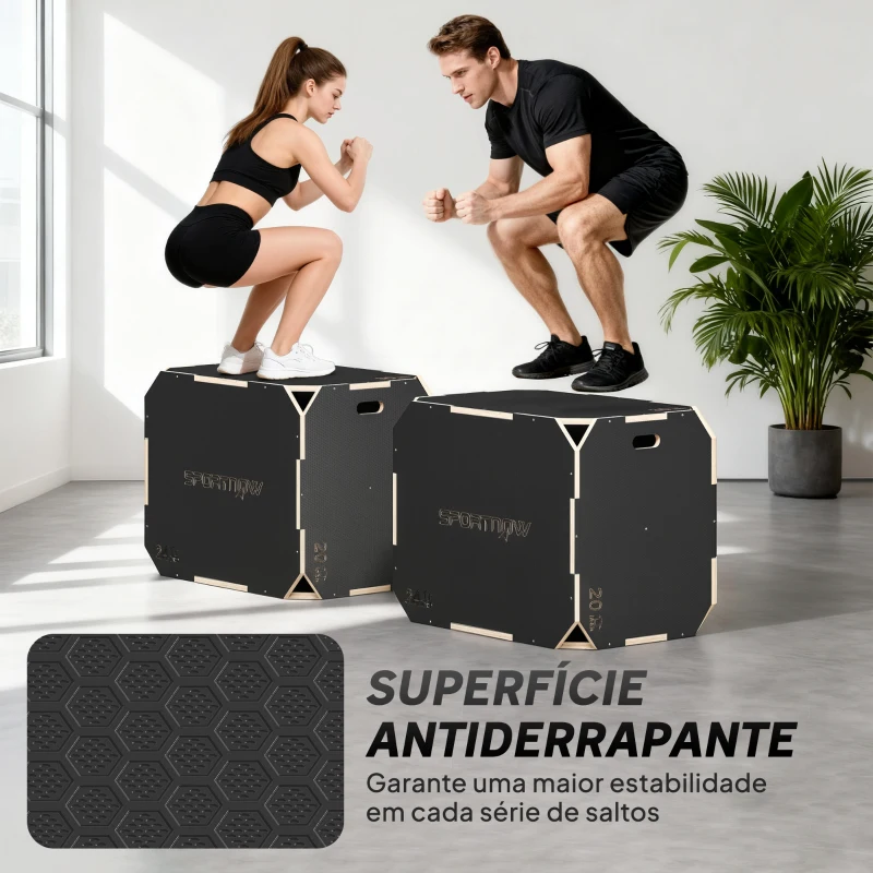 SPORTNOW Caixa Pliométrica de Madeira com 3 Alturas Diferentes para Treino de Salto Força em Casa Ginásio e Exterior 76x61x Preto