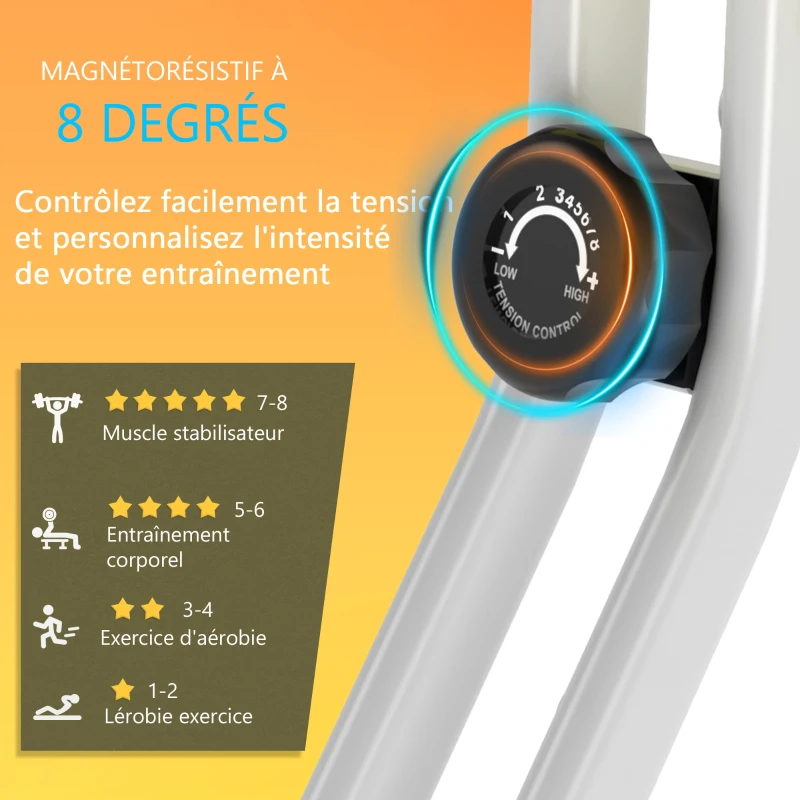 HOMCOM Vélo d'Appartement Pliable Magnétique Cardio-training - Sport Maison avec 8 Niveaux de Résistance et Roulettes - Silencieux Home Trainer avec Capteur de Pouls pour Fitness Homme et Femme, Jaune