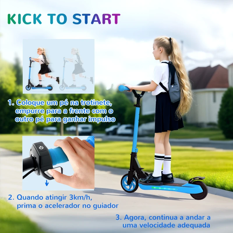 SPORTNOW Trotinete Elétrica Dobrável para Crianças 120 W Autonomia 6 km e Máximo 10 km/h com Travão Luzes LED 74x52x83-87 cm Azul