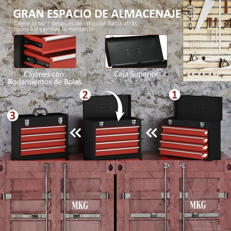 DURHAND Caja de Herramientas de Acero con 4 Cajones Bandeja Tapa Abatible y Cierres Metálicos 51x22x39,5 cm Negro y Rojo