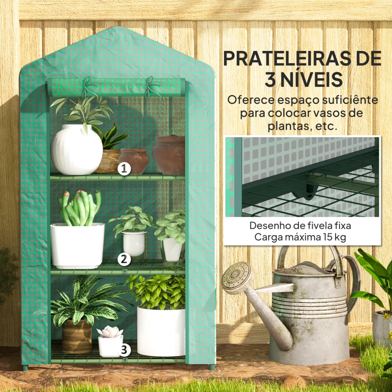 Outsunny Estufa de Jardim de 3 Níveis Porta Enrolável Estrutura Metálica Cobertura de PE Anti-UV 69x49x125 cm Verde