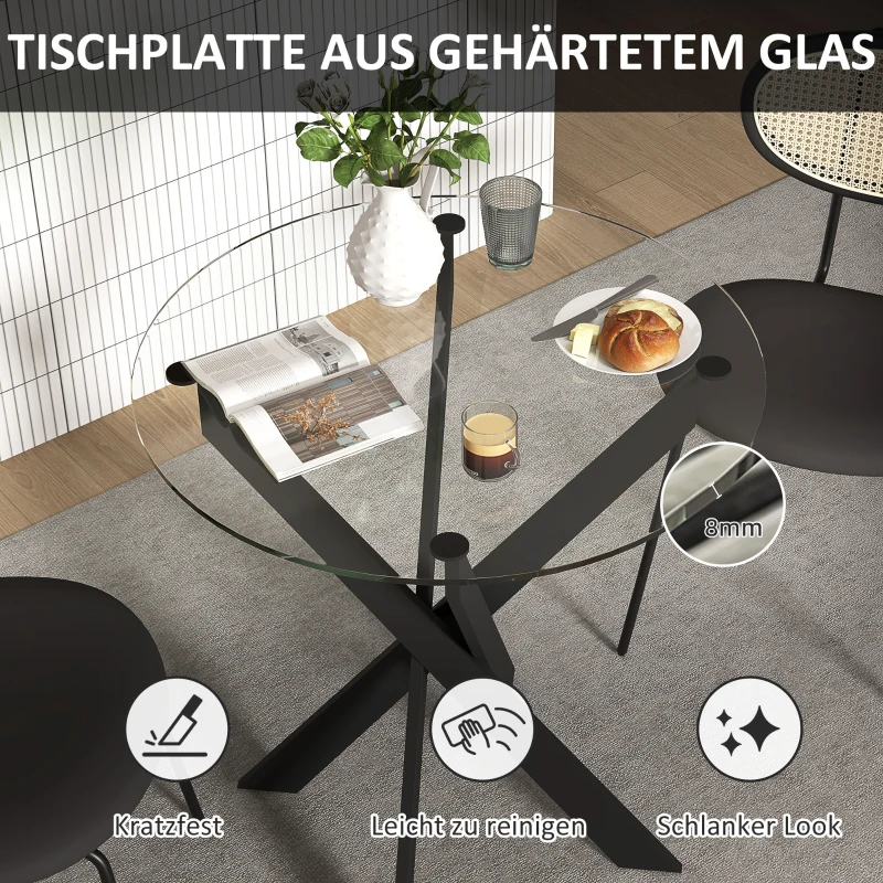 HOMCOM Moderne glazen eettafel, Ø70 cm, keukentafel met gehard glasblad en metalen poten, voor 4 personen