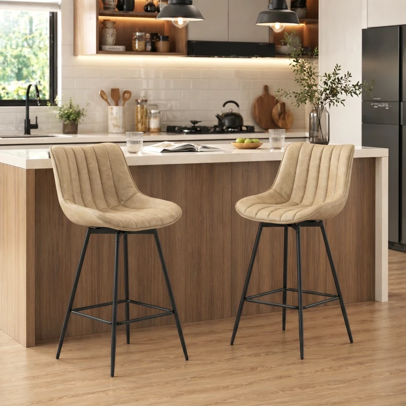 HOMCOM Set of 2 PU Leather Swivel Bar Stools - Light Brown