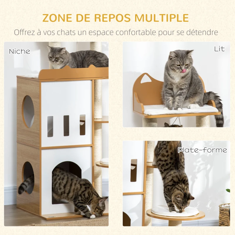 PawHut Arbre à chat design contemporain griffoirs grattoirs 2 niches plate-formes 5 coussins sisal naturel hauteur 133 cm blanc