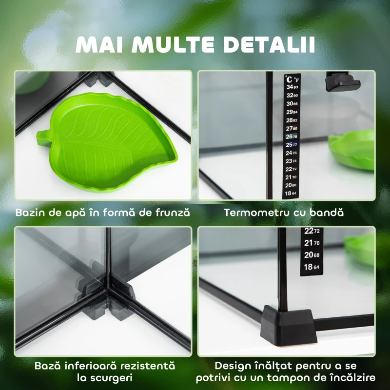 PawHut Terariu pentru Reptile Rialzato cu Serratura și Termometru, în Sticlă și Plasă Metalică, 50x30x25 cm, Negru