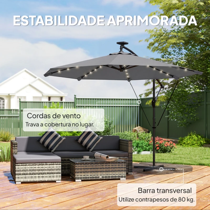 Outsunny Chapéu de Sol Excêntrico com Luzes LED Solares 330x295 cm Chapéu de Sol para Jardim com Base Cruzada Manivela Capa Protetora Cinzento Escuro