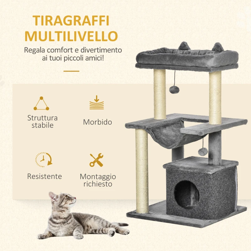 PawHut Albero Tiragraffi con Corde Sisal, Casetta e Amaca, Rivestimento Peluche e Feltro, Altezza 100cm, Grigio