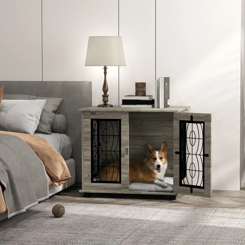 PawHut Indoor Dog Crate Furniture End Table with Soft Washable Cushion, Lockable Front Door, for Medium Dogs - Black