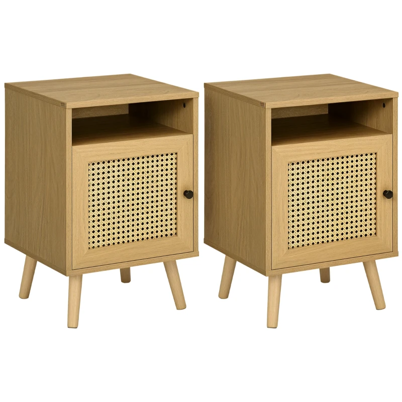 HOMCOM Table de chevet table de nuit avec placard porte cannage et niche design vintage 39 x 35 x 60 cm naturel