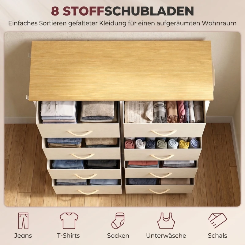 HOMCOM Slaapkamerladekast met 8 stoffen laden, stalen versteviging, houten bovenblad, 4 opbergvakken en 2 haken, beige