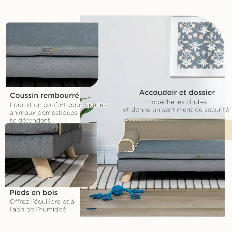 PawHut Canapé pour chien chat design scandinave coussin moelleux amovible pieds bois massif 100 x 62 x 32 cm gris