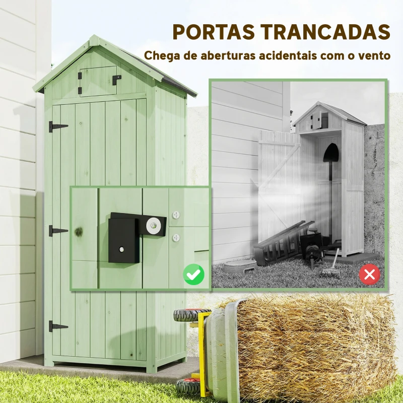 Outsunny Armário de Jardim de Madeira - Cobertizo de Arrumação com Prateleiras 77x54,2x179 cm Verde