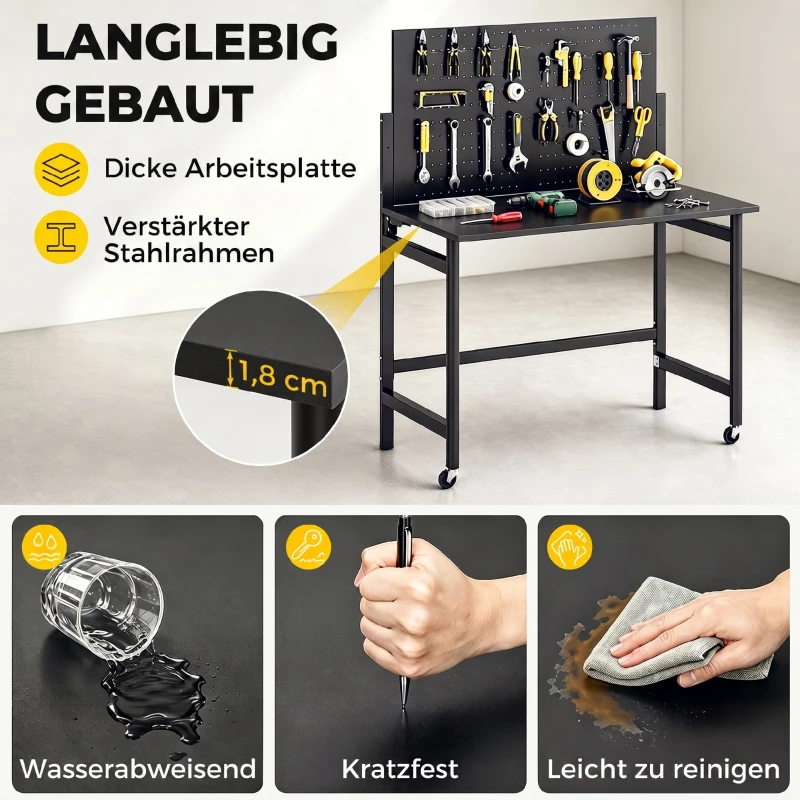 HOMCOM Werkbank mit Lochwand, Klappbare Mobile Werkbank mit Rollen, Dicke Arbeitsplatte, Stahlrahmen, Haken, Schwarz