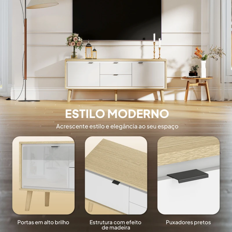 HOMCOM Móvel de TV Moderno para Sala com 2 Gavetas para Televisão 55 Polegadas 120x35x50 cm Branco Brilhante e Carvalho