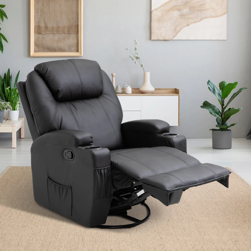 HOMCOM Luxury Leather Recliner Sofa Chair Armchair Cinema Massage Chair Swivel Heated Nursing Gaming Chair Black