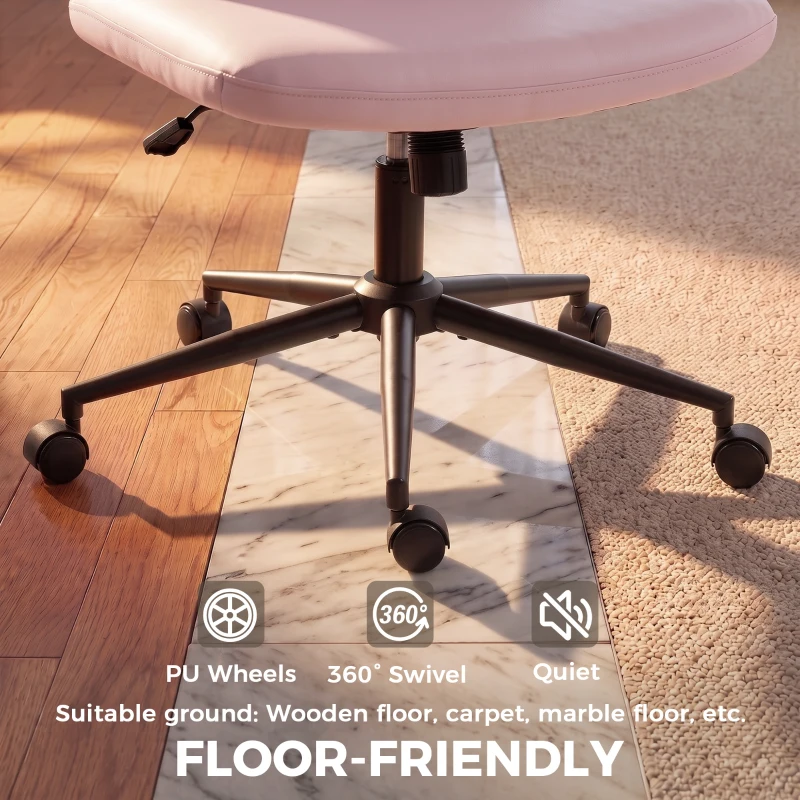 HOMCOM Home Office Desk Chair Height Adjustable Swivel Chair Cross Legged Wide Seat Swivel Wheels Pink
