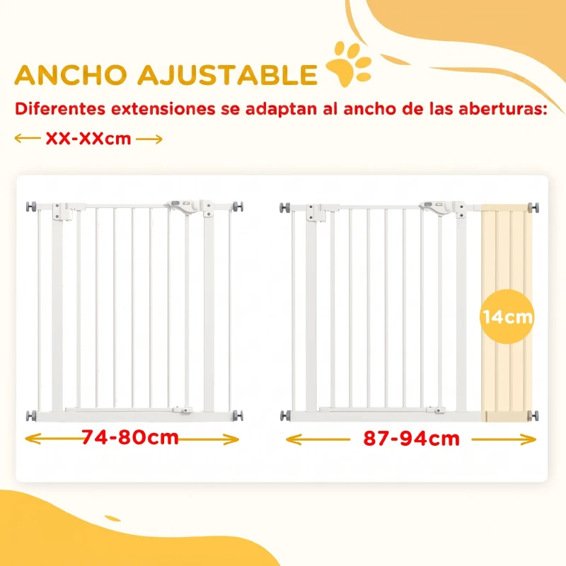 PawHut Barrera de Seguridad para Perros 74-94 cm con Extensión Montaje a Presión y Doble Bloqueo Blanco