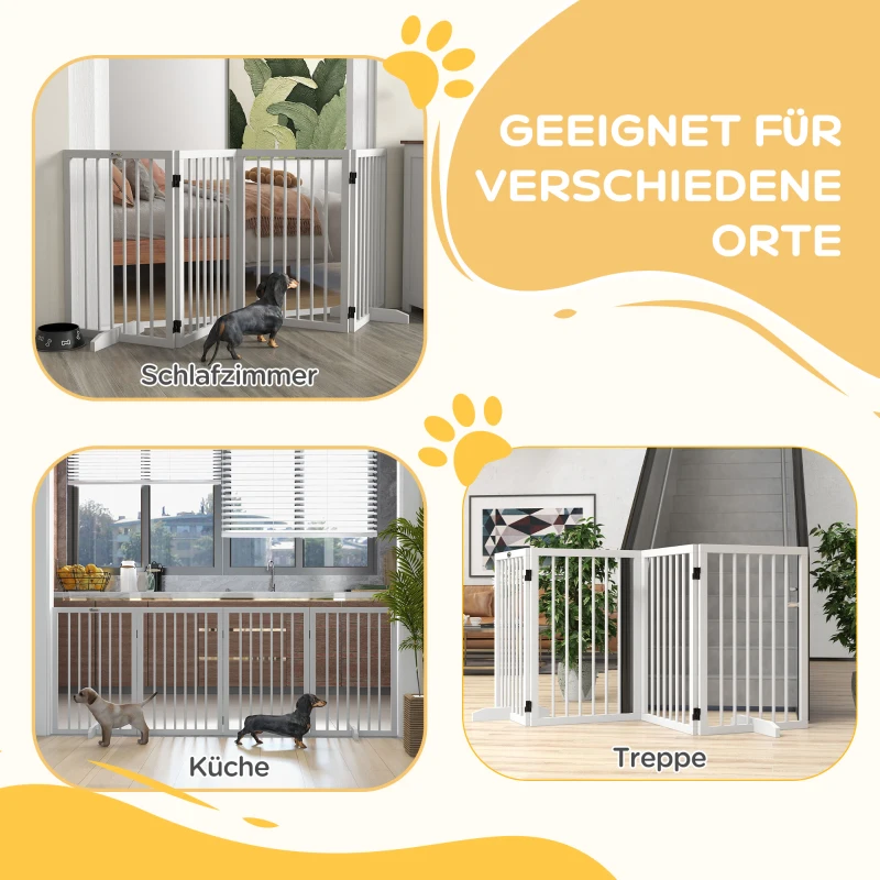 PawHut Opvouwbaar Hondenhek, Antislip, Ondersteuningsvoeten, Houten Frame, 206x35,5x76 cm, Wit