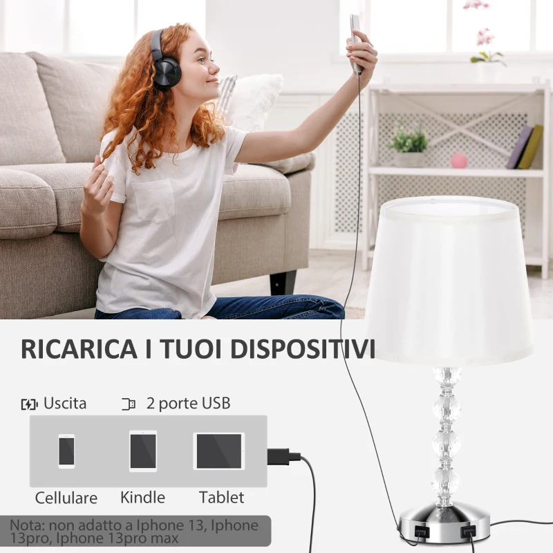 HOMCOM Lampada da Tavolo con Cristalli e Porta USB, in Metallo, Vetro e Poliestere, Ø23x45 cm, Bianco e Argento