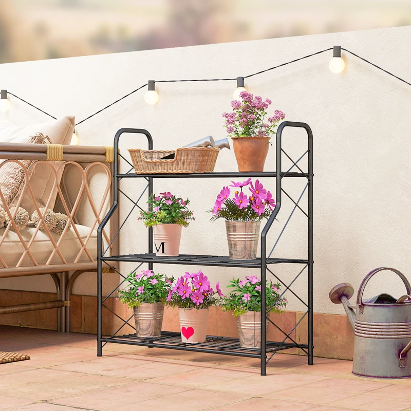 Outsunny 3-Tier Metal Plant Stand, Heavy Duty Ladder Shelf Potted Plants Display Rack, Indoor Outdoor Flower Pot Holder