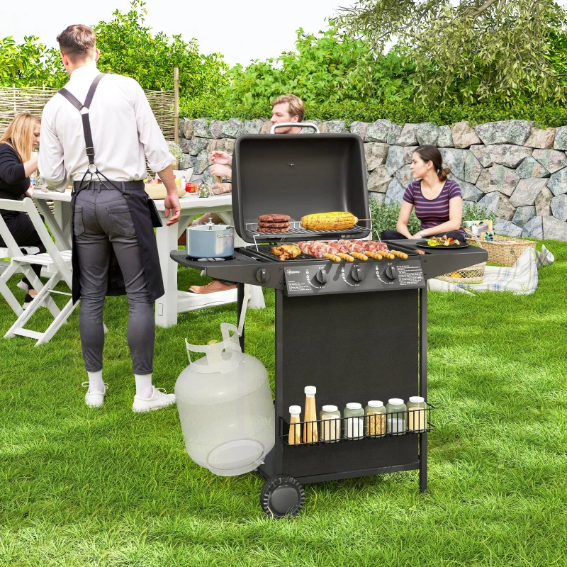 Outsunny Barbacoa de Gas con 3 Quemadores Quemador Lateral Tapa con Termómetro Parrilla y Mesa Lateral Ruedas 108x54x97 cm Negro