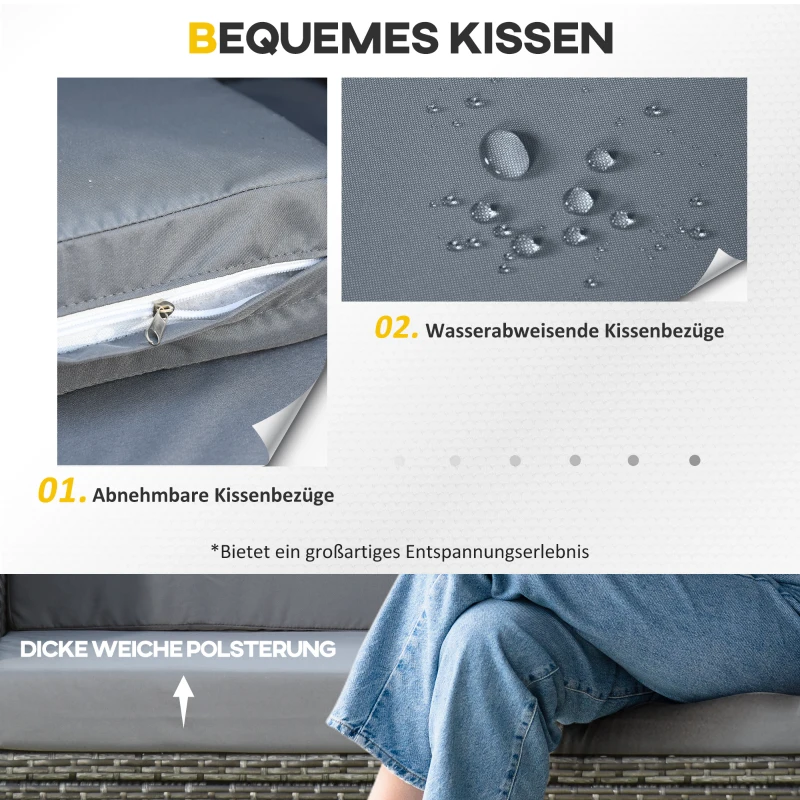 Outsunny Poly-rotan bank met kussens 2-zits loungebank tuin metaal polyester grijs