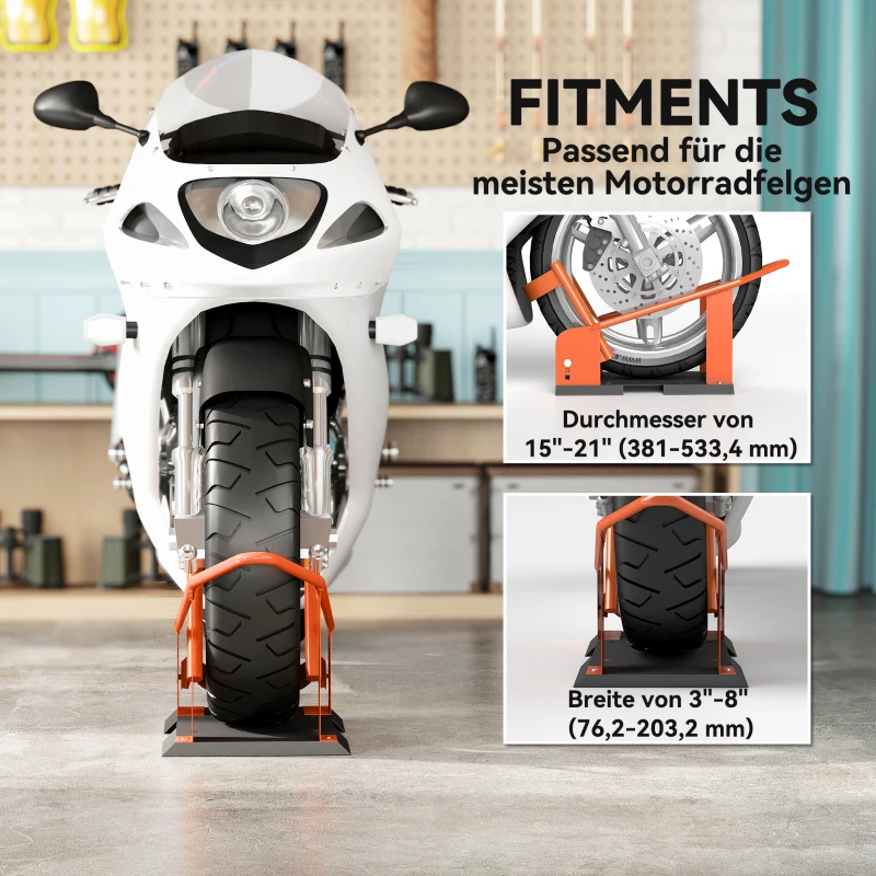 HOMCOM Motorstandaard voor 38,1-53,34 cm, 381-533,4 mm voorwiel, verstelbare wielklem 816,5 kg draagvermogen Oranje