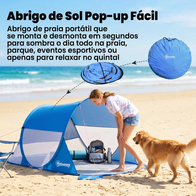 Outsunny Tenda de Praia Dobrável Pop-Up para 1-2 Pessoas com 1 Porta 2 Janelas e Bolsa de Transporte 200x120x90 cm Azul