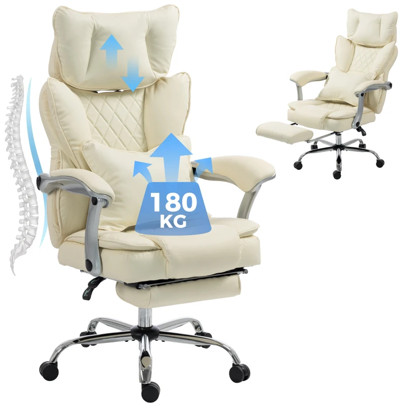 HOMCOM Executive Office Chair, PU Big and Tall Office Chair 180 kg with Wide Seat, Reclining, Lumbar Support, Beige