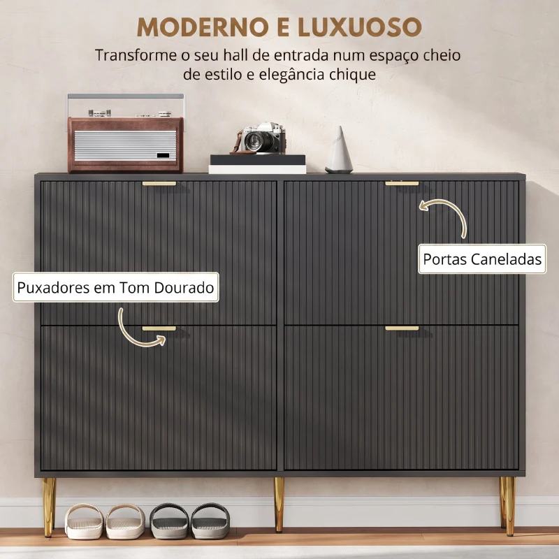 HOMCOM Sapateira Estreita com 4 Portas Caneladas e Estantes Ajustáveis para 20 Pares 105x24x91,5 cm Preto