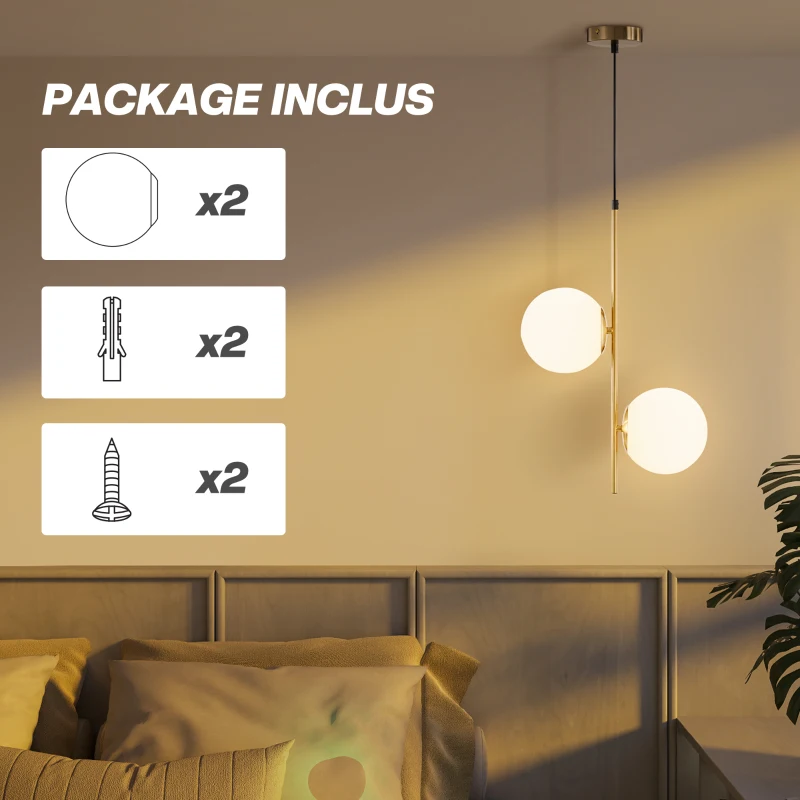 HOMCOM Suspension luminaire moderne, lustre plafonnier de double-tête, lumière suspendue réglable pour entrée, salon, ton doré