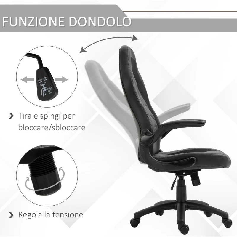 Vinsetto Poltrona Gaming o da Ufficio in Similpelle Nera, Braccioli Pieghevoli Schienale e Altezza Regolabile 117-127Acm