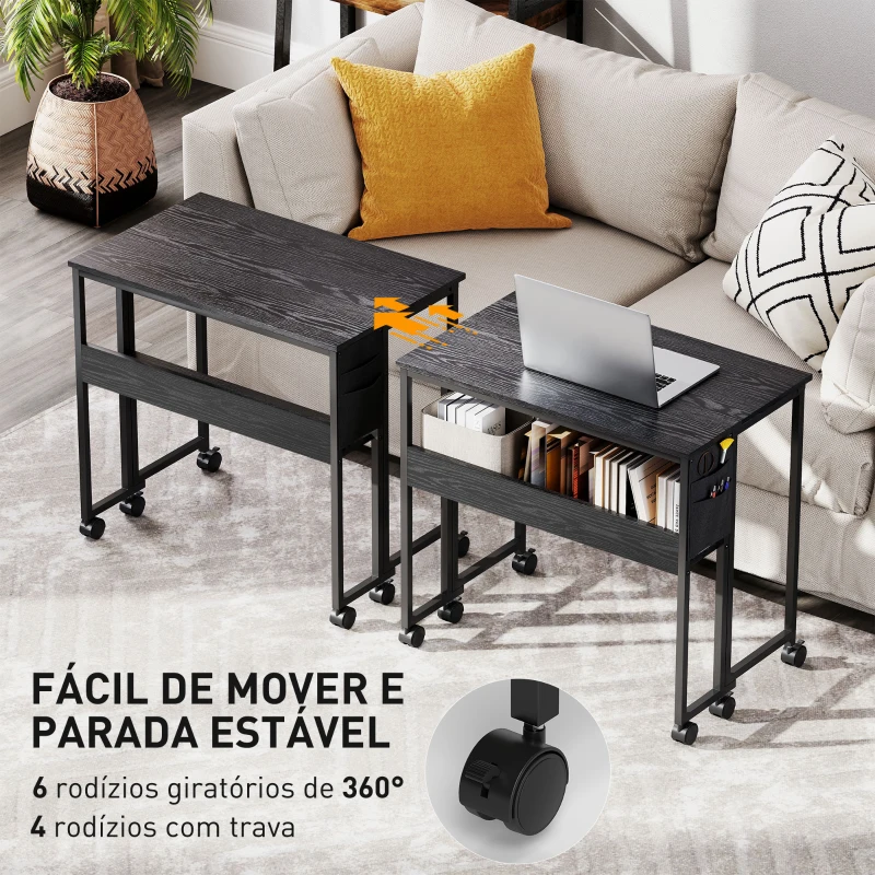 HOMCOM Secretária Dobrável com Rodas Prateleira e Bolso de Armazenamento Ideal para Espaços Pequenos 80x50x75 cm Preto
