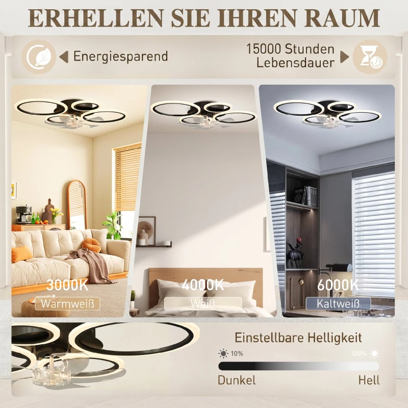 HOMCOM Deckenventilator mit Licht und Fernbedienung, 77 cm LED-Deckenventilator mit 3 Lichtfarben, 6 Geschwindigkeiten, Timer