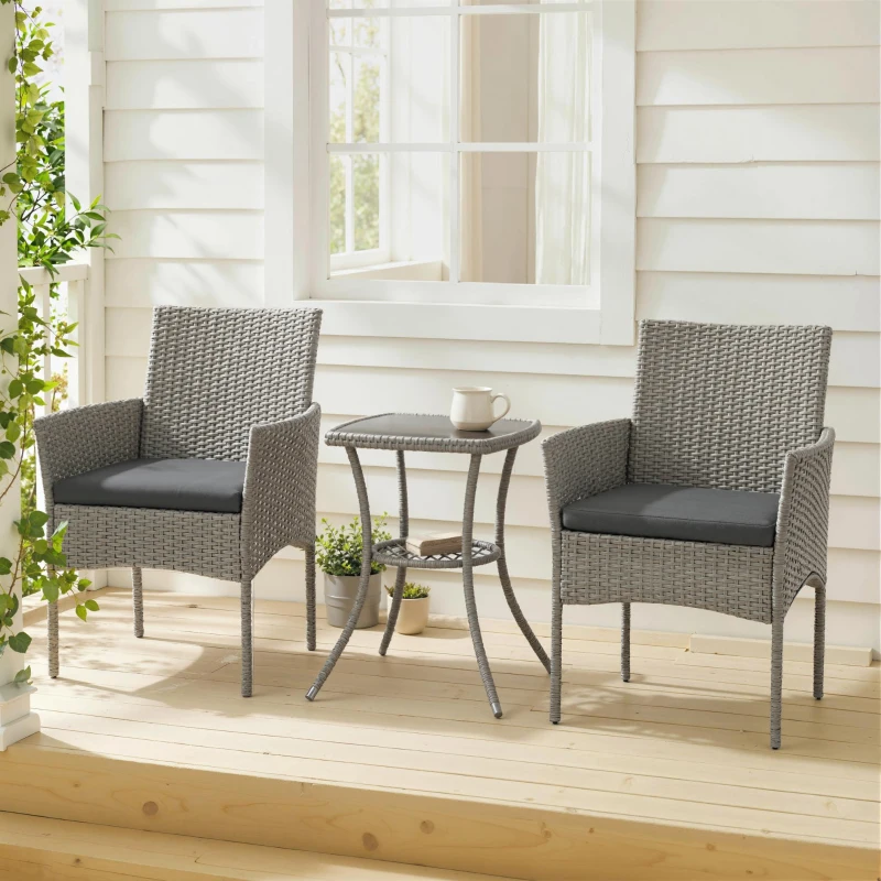 Outsunny 3 Piece Rattan Bistro Set, PE Wicker Garden Furniture Conversation Set with 2 Tier Glass-Top Table, Chairs, Dark Grey