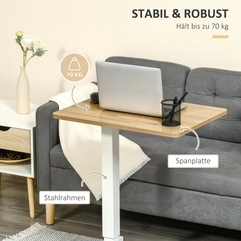 HOMCOM Sta-Bureau Verstelbaar met 4 Wielen C-Vorm 65 cm x 48 cm x 70-110 cm Naturel + Wit(m-7)
