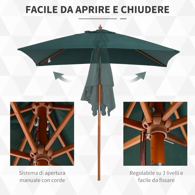 Outsunny Ombrellone da Giardino 2x1.5 m Inclinabile a 6 Stecche con Palo in Legno e Apertura a Corda, Verde