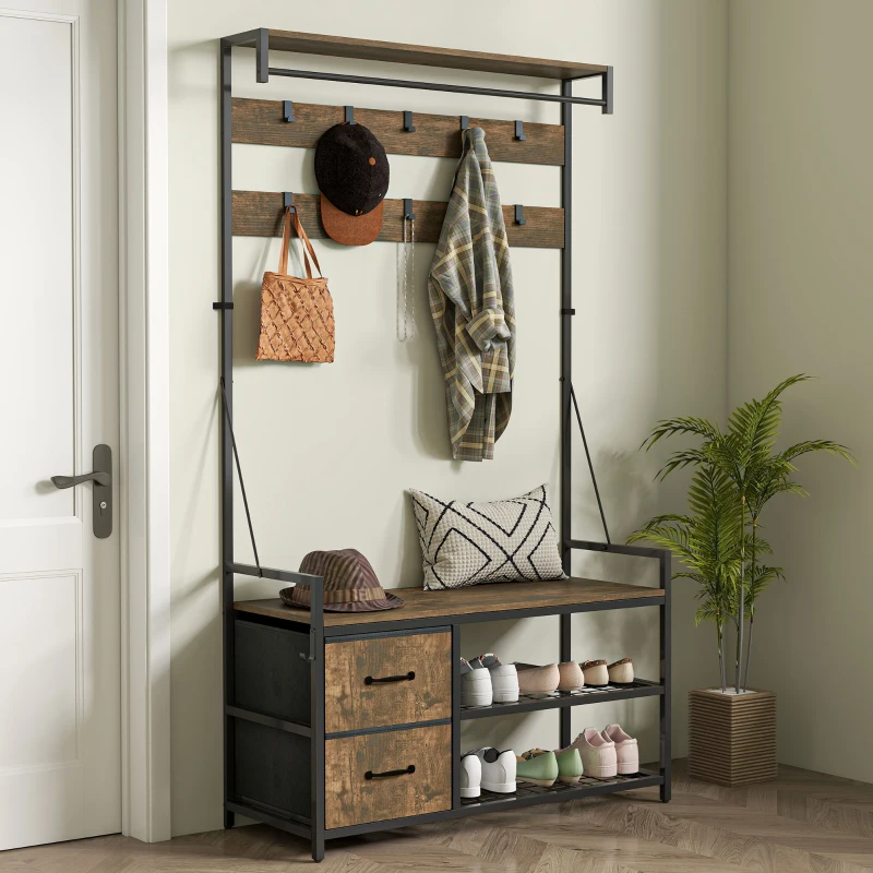 HOMCOM Móvel Cabide de Entrada com Banco 10 Ganchos 2 Gavetas e Barra para Pendurar Estilo Industrial 100x40x180 cm Castanho Rústico